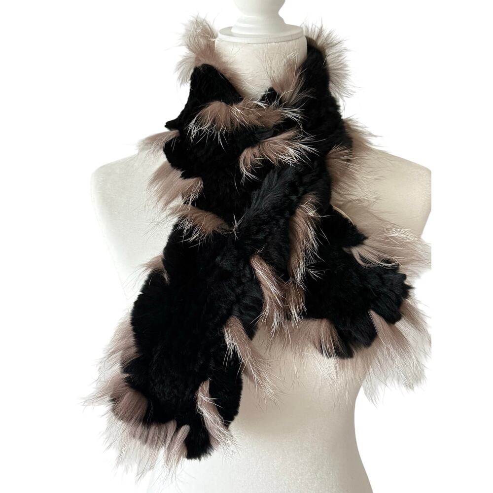 Genuine Rex Rabbit Fur Pull Through Scarf Fox Fur Trim Black Winter Wrap 36"